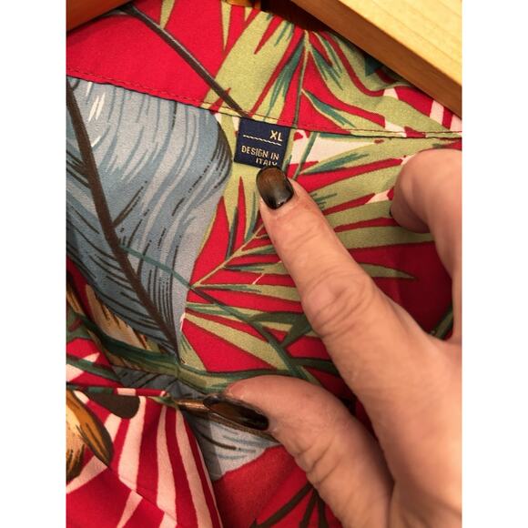 Design In Italy Luxury Mens XL Hawaiian Camp Shirt Green Red Palm Tree Floral - Picture 2 of 6
